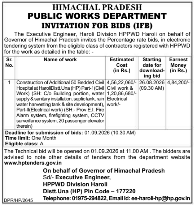 E-Tender Notification for Civil Hospital Construction by HPPWD Haroli