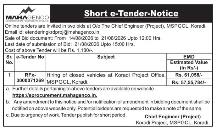 E-Tender Notification for Closed Vehicle Hiring by MAHAGENCO Koradi