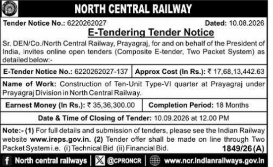 E-Tender Notification for Construction of Type-VI Quarters by NCR
