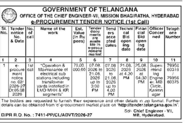 E-Tender Notice for Electrical Sub-Station Maintenance