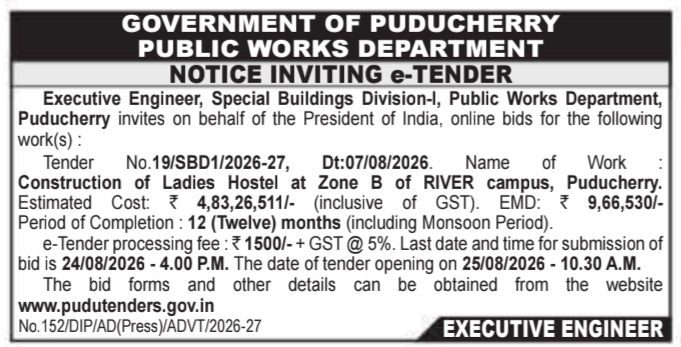 E-Tender Notification for Ladies Hostel Construction by Government of Puducherry