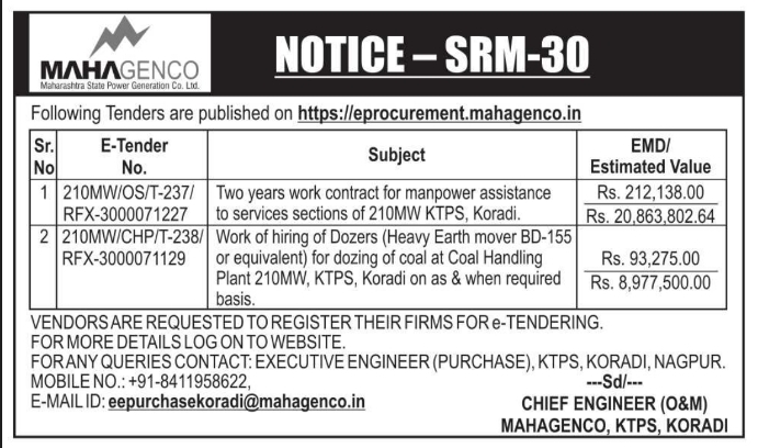 E-Tender Notification for Manpower and Earthmover Services by MAHAGENCO KTPS