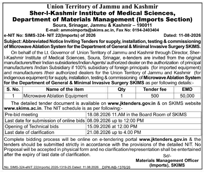 E-Tender Notification for Microwave Ablation System by SKIMS Srinagar