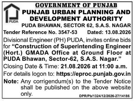 E-Tender Notification for Office Construction Works by PUDA S.A.S. Nagar