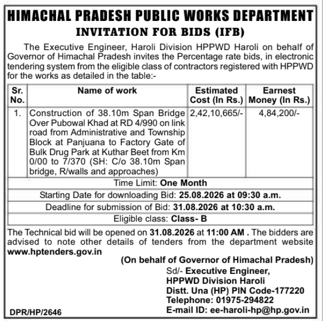 E-Tender Notification for Span Bridge Construction by HPPWD Haroli