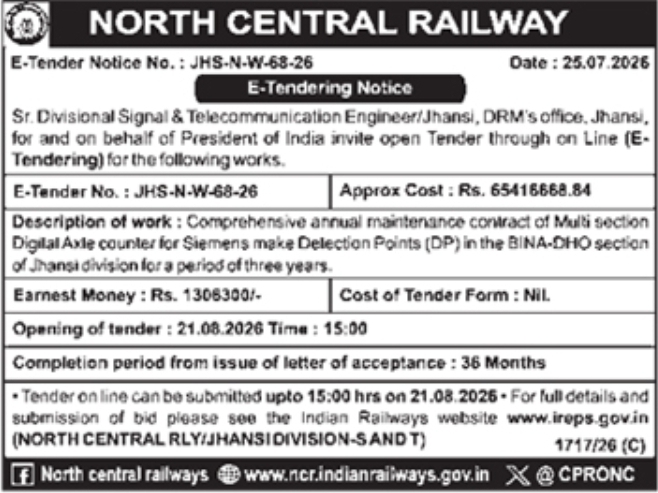 E-Tendering Open Notice for Digital Axle Counters by North Central Railway