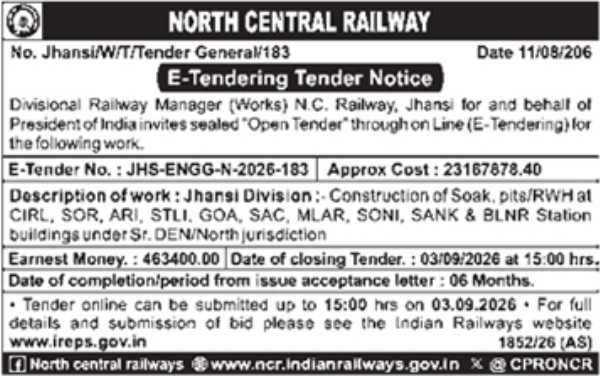 E-Tendering Tender Notice for Station Soak Pits and RWH by North Central Railway