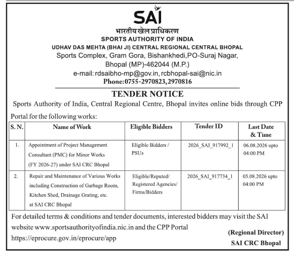 E-Tenders for Consultancy and Maintenance Works at SAI CRC Bhopal