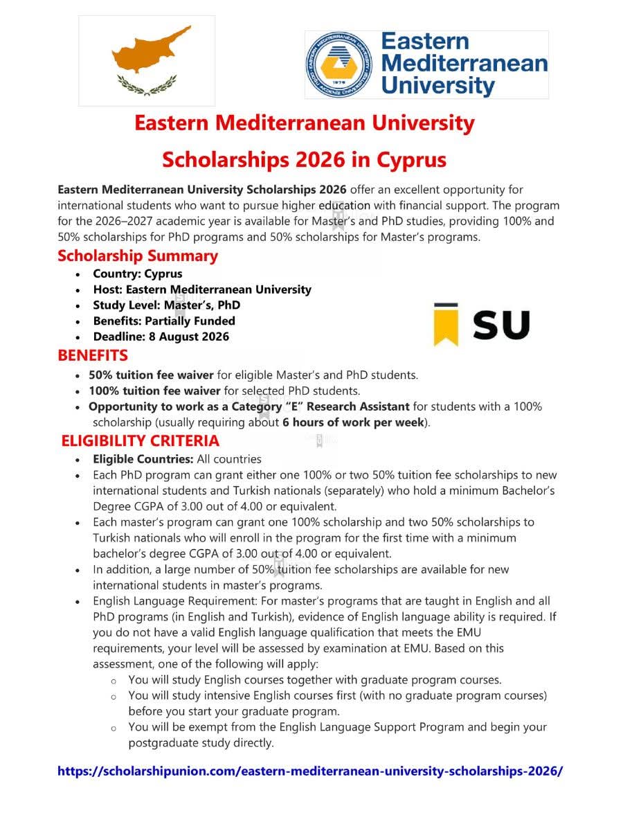 Eastern Mediterranean University (EMU) Scholarships 2026 in Cyprus