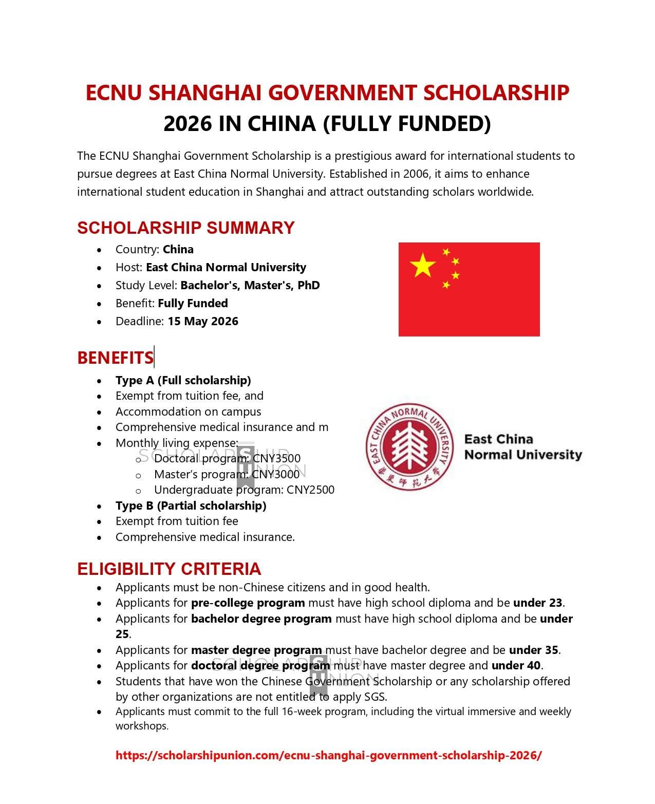 ECNU Shanghai Government Scholarship 2026 in China