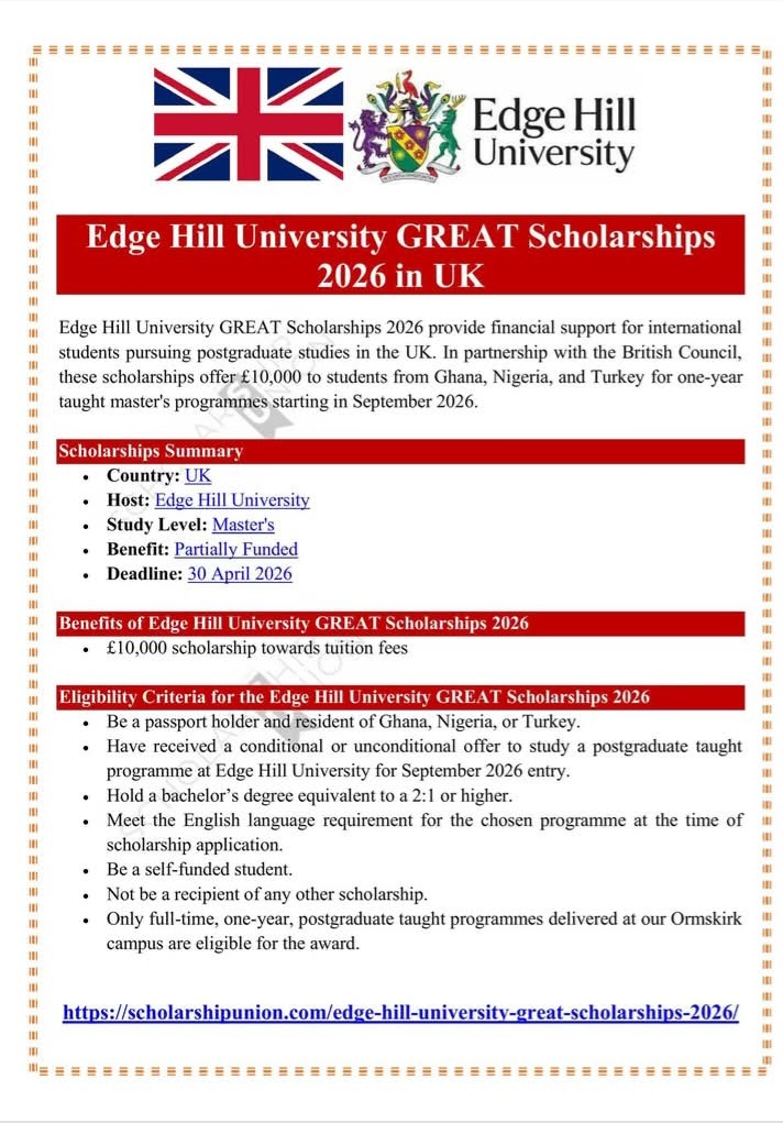 Edge Hill University GREAT Scholarships 2026 in UK