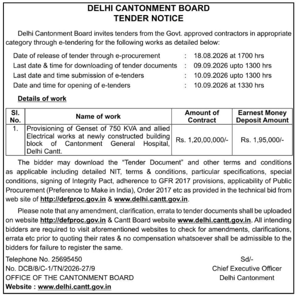 Electrical Genset Installation Tender by Delhi Cantonment Board