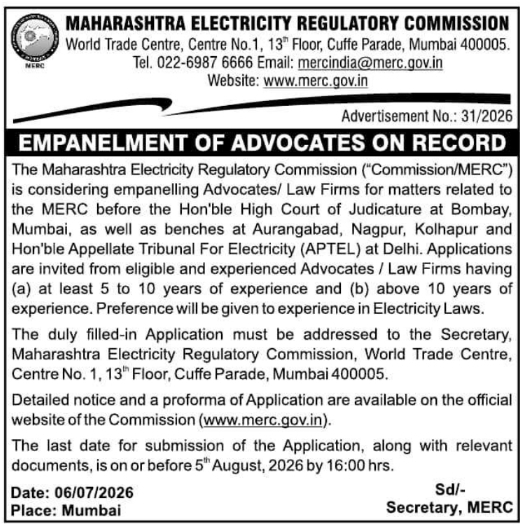 Empanelment Notice: Advocates on Record by MERC