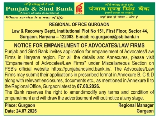 Empanelment Notice: Advocates/Law Firms