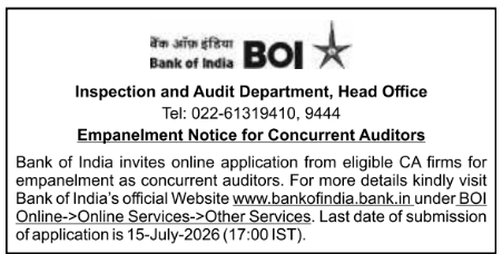 Empanelment Notice: Bank of India Concurrent Auditors