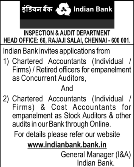 Empanelment Notice: Indian Bank Auditors Selection
