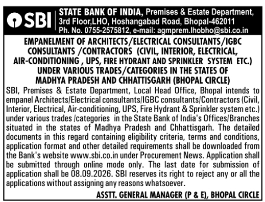 Empanelment Notification for Consultants & Contractors by State Bank of India