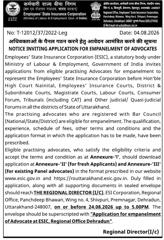 Empanelment Notification for Practising Advocates by ESIC Uttarakhand