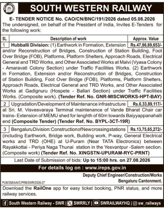 Engineering and Infrastructure E-Tender Notice by SWR