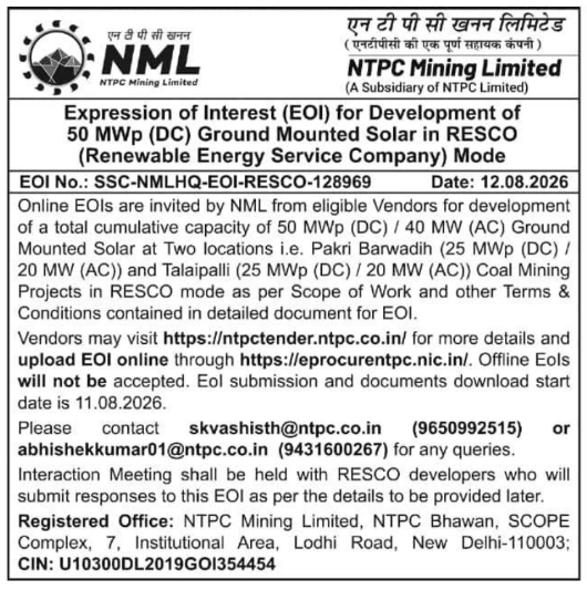 EOI for Ground Mounted Solar Project by NTPC Mining Limited
