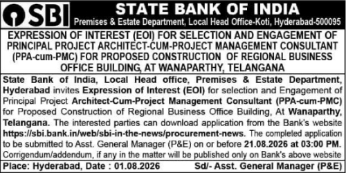 EOI for Project Consultant for Regional Business Office Construction at Wanaparthy