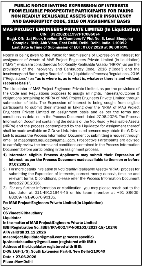 EOI Notice: Asset Assignment, MAS Project Engineers Private Limited
