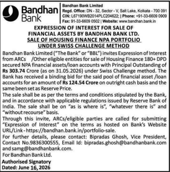 EOI Notice: Bandhan Bank Housing Finance NPA Portfolio Sale