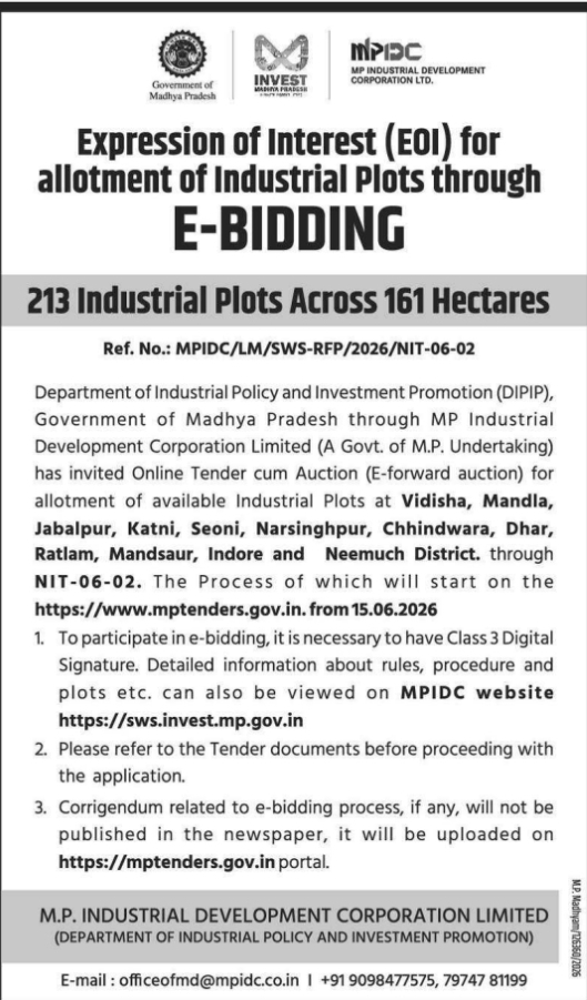 EOI Notice: E-Bidding for 213 Industrial Plots Across Madhya Pradesh
