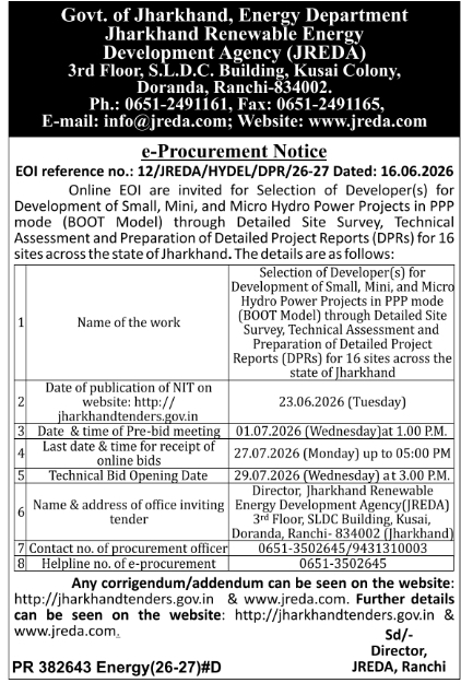 EOI Notice: Hydro Power DPR JREDA Ranchi