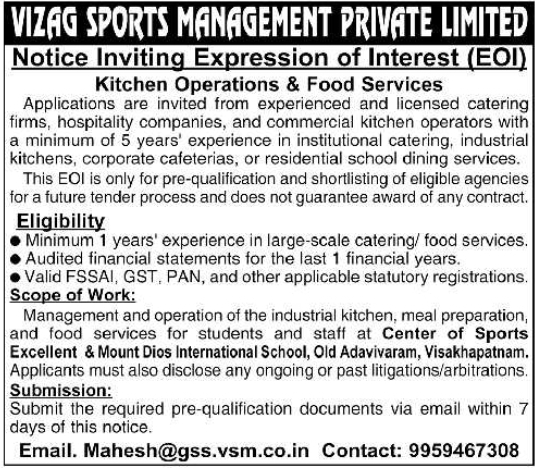 EOI Notice: Kitchen Operations, Vizag Sports Management