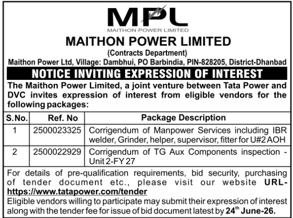 EOI Notice: Maithon Power Limited Manpower & Inspection Packages
