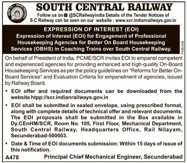 EOI Notice: Train Housekeeping Services, South Central Railway