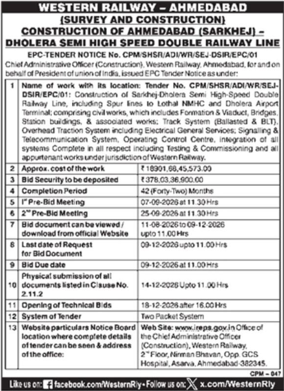 EPC Tender Notice for Semi High-Speed Double Railway Line Construction
