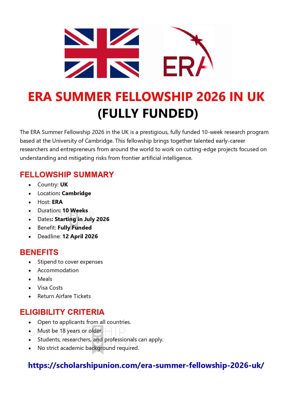 ERA Summer Fellowship 2026 in UK
