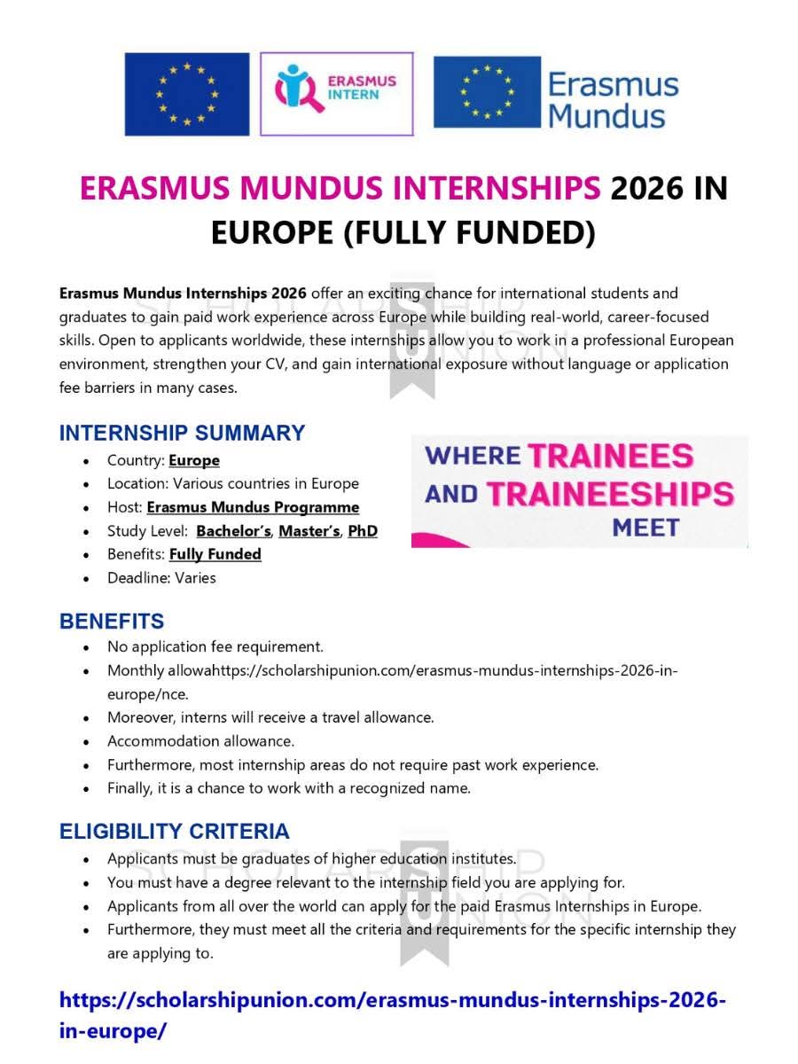 Erasmus Mundus Internships 2026 In Europe