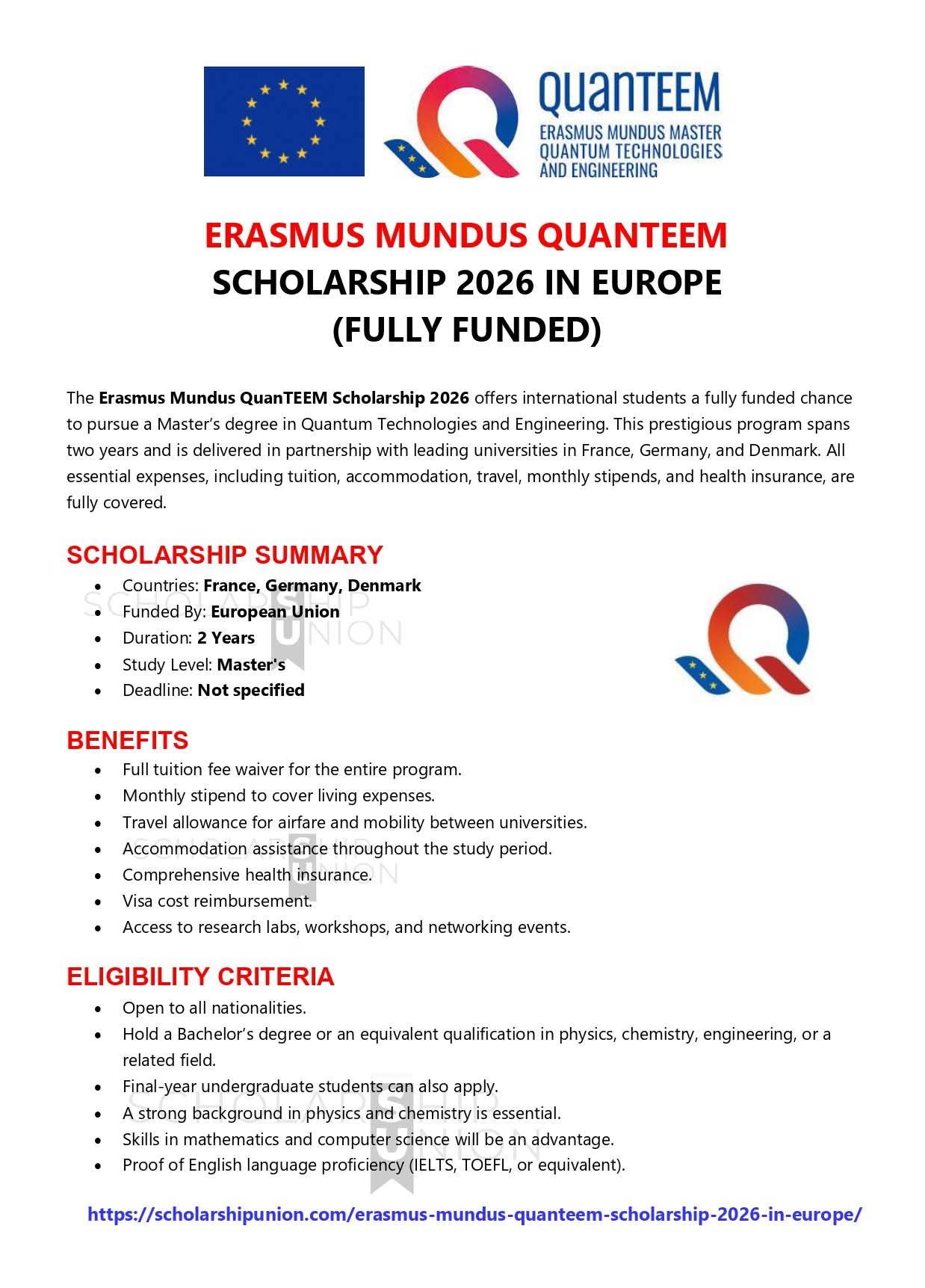 Erasmus Mundus Quanteem Scholarship 2026 in Europe