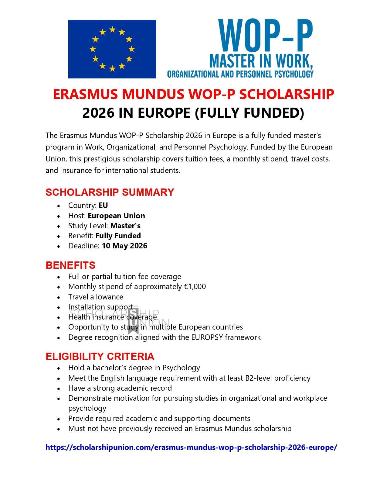 Erasmus Mundus WOP-P Scholarship 2026 in Europe