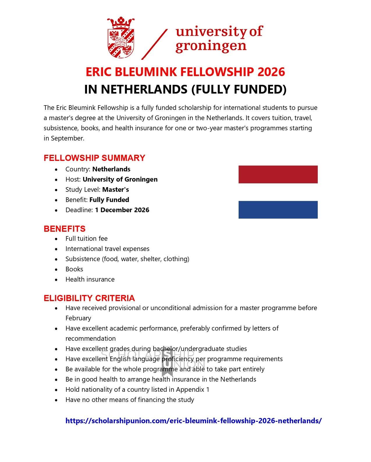 Eric Bleumink Fellowship 2026 in Netherlands