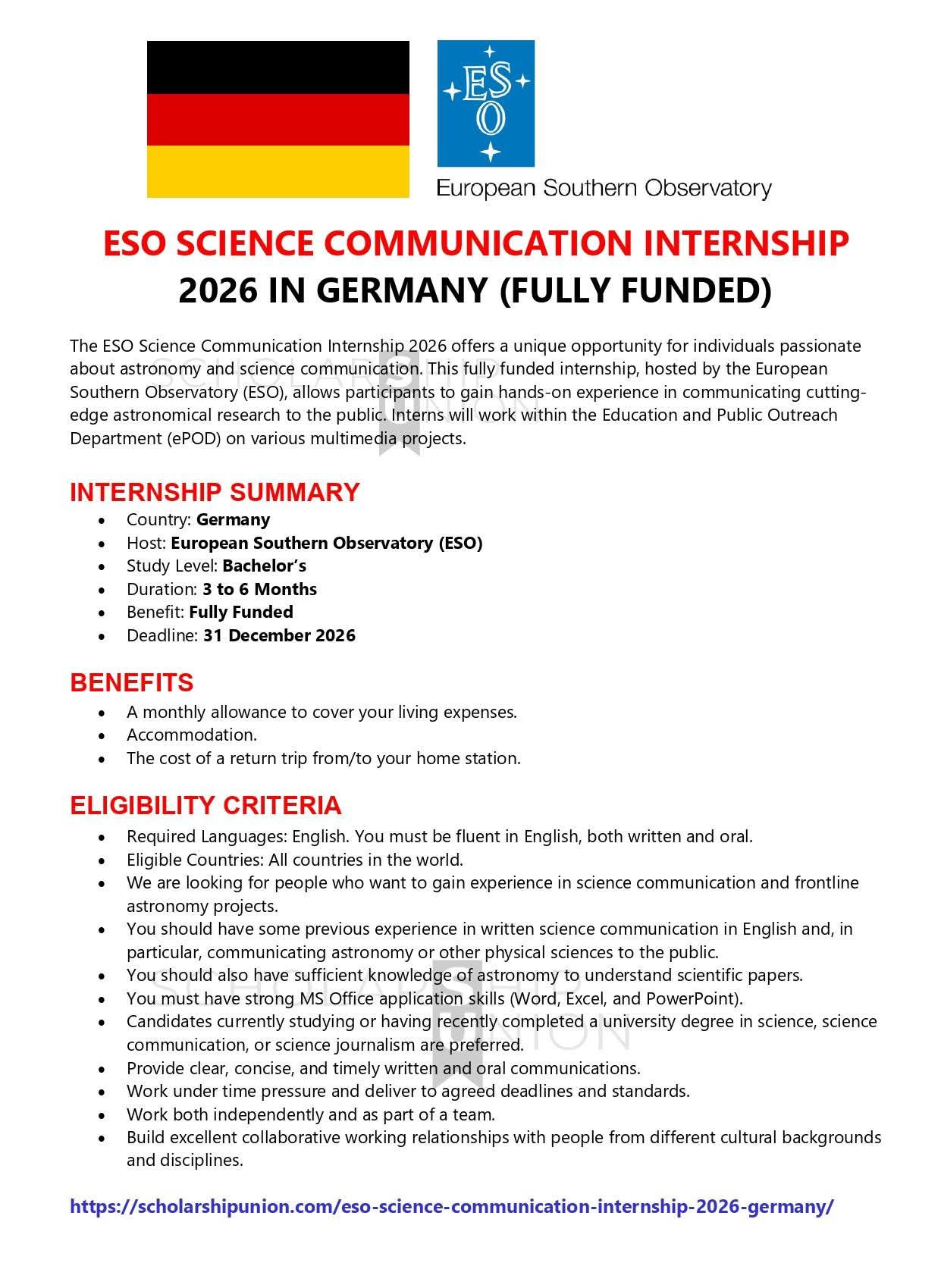 ESO Science Communication Internship 2026 in Germany