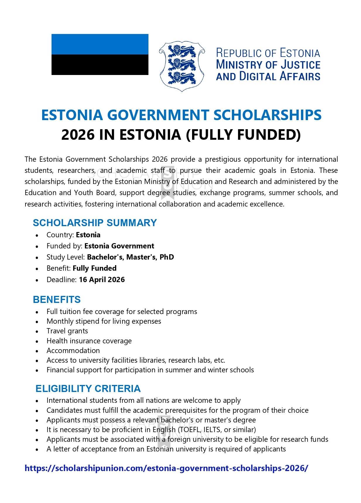 Estonia Government Scholarships 2026 in Estonia