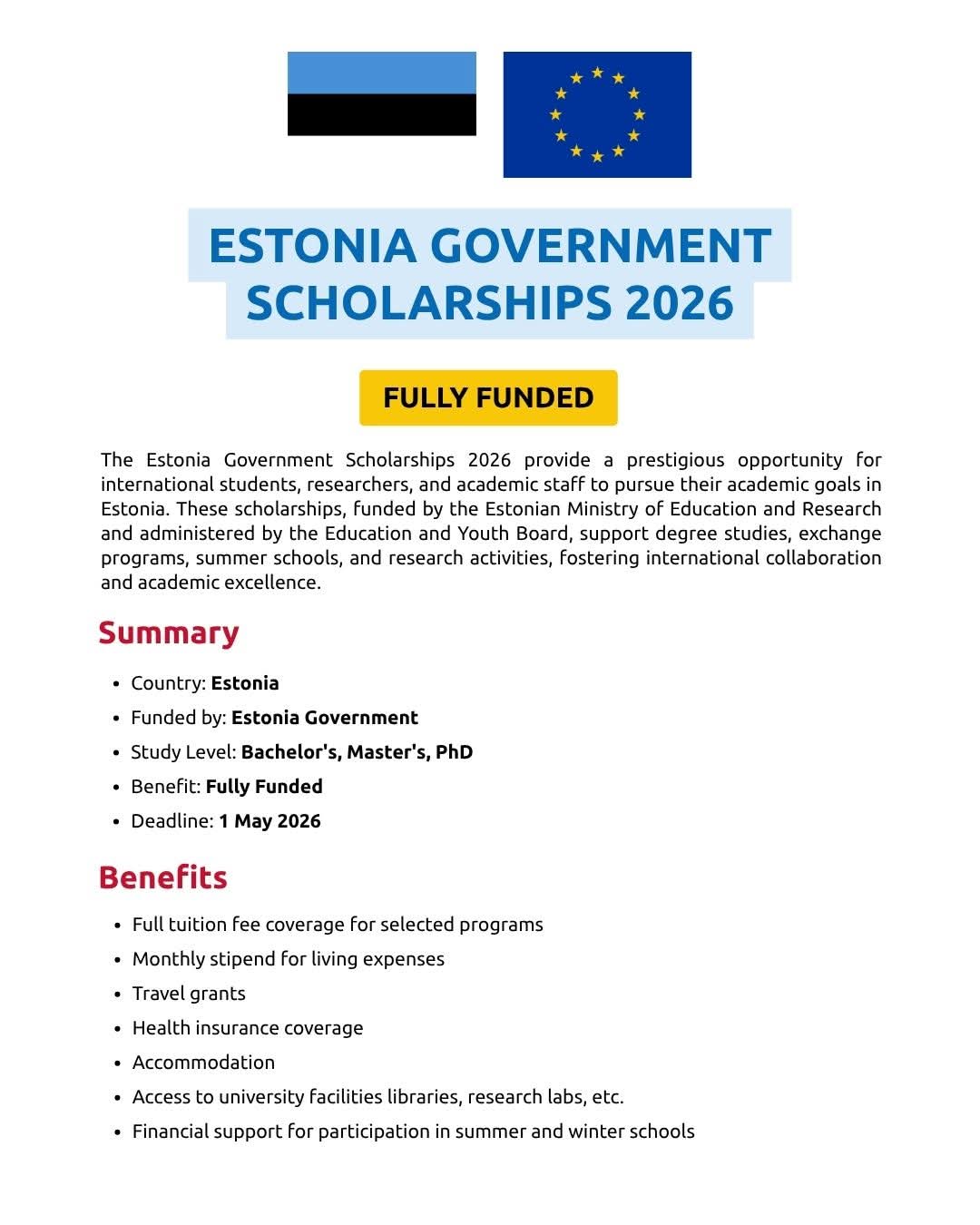 Estonia Government Scholarships 2026 in Estonia