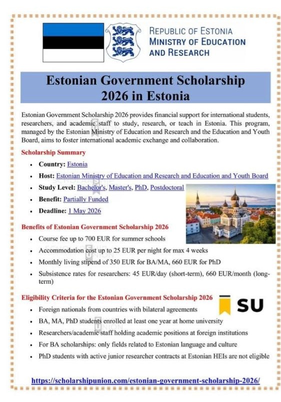 Estonian Government Scholarship 2026 in Estonia