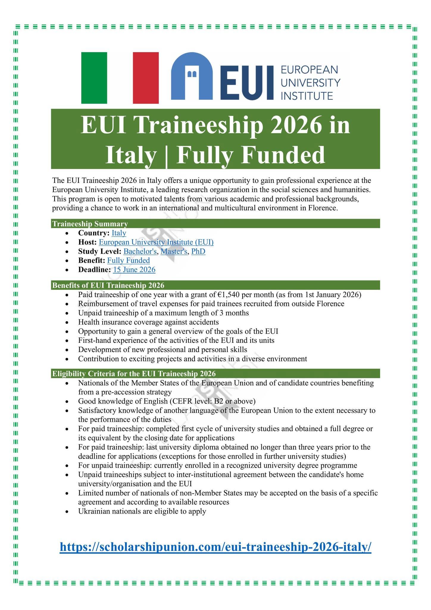 EUI Traineeship 2026 in Italy
