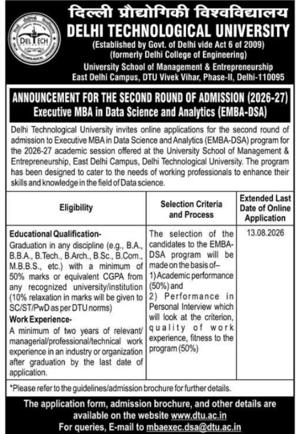 Executive MBA Admission Announcement 2026-27 by DTU Delhi
