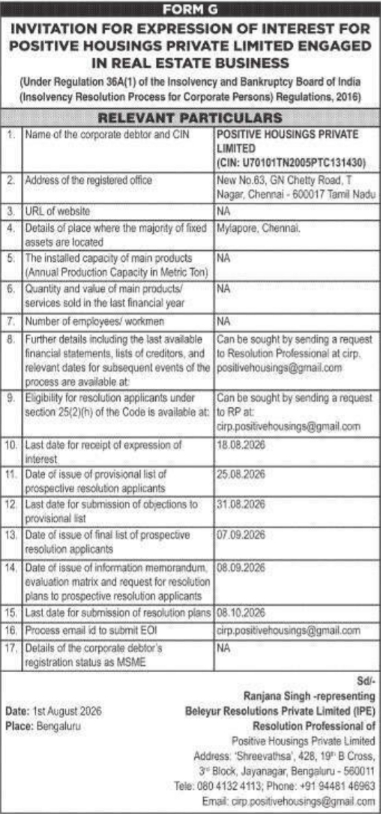 Expression of Interest (EOI) Invitation for Positive Housings Pvt. Ltd.