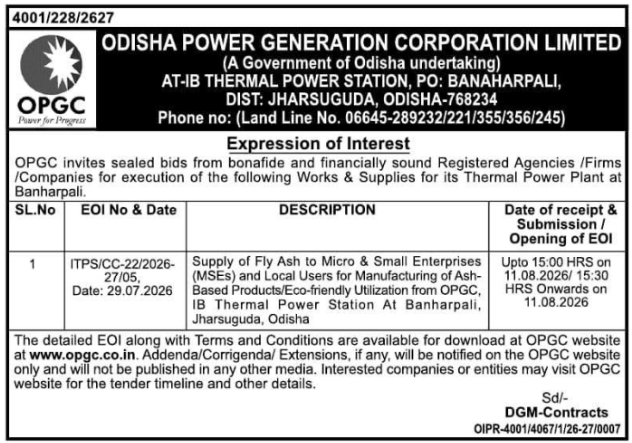Expression of Interest for Ash Supply by Odisha Power Generation Corporation Limited