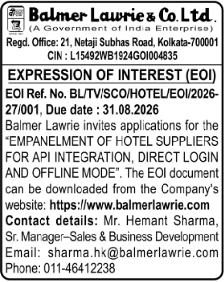 Expression of Interest for Hotel Suppliers Empanelment by Balmer Lawrie