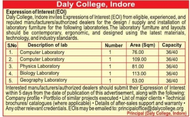 Expression of Interest for Laboratory Furniture by Daly College