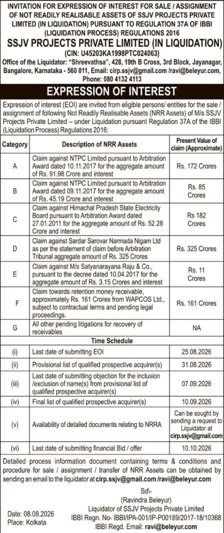 Expression of Interest for Non-Readily Realisable Assets of SSJV Projects