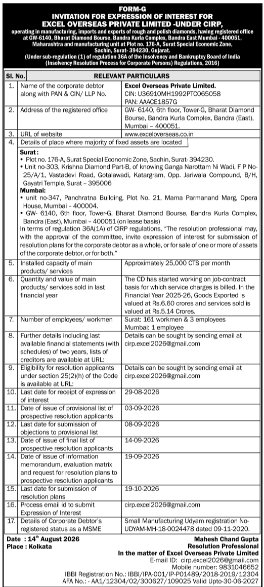 Expression of Interest Invitation for Excel Overseas Private Limited under CIRP